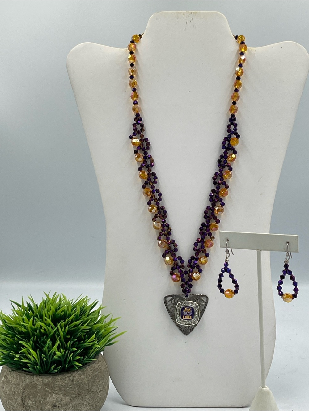 Purple and Gold Beaded Pendant Necklace & Earrings Set